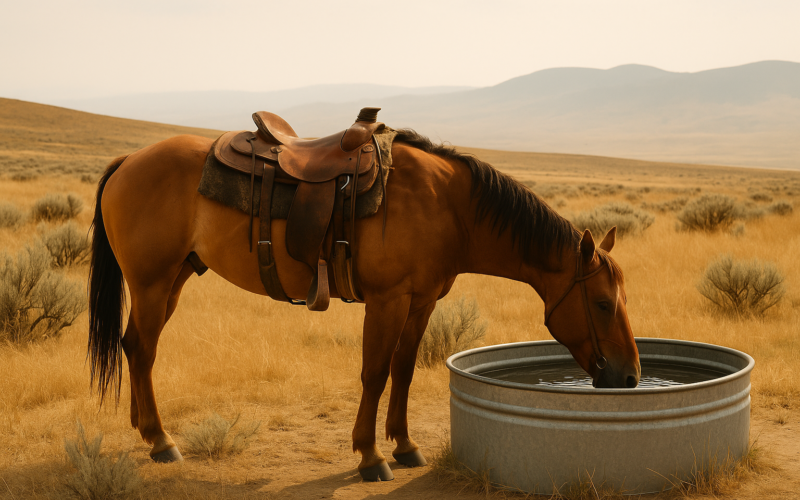 A saddled ranch horse drinking at a stock tank on open Montana rangeland on a hot summer afternoon