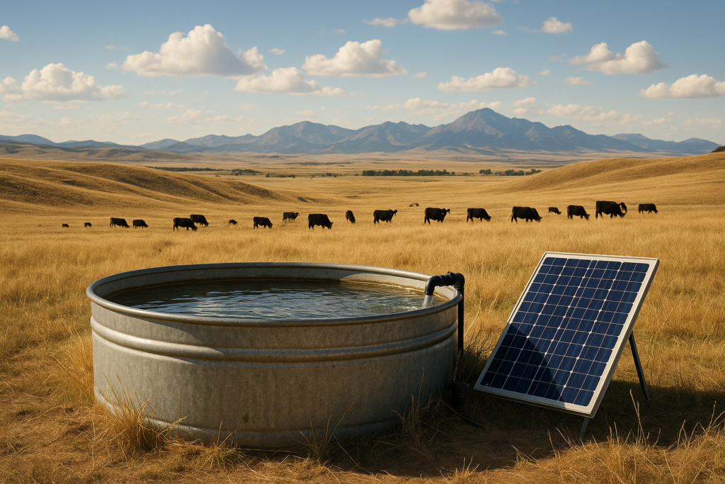A galvanized stock tank and small solar panel on open Montana summer range with cattle grazing on grassy ridges in the distance