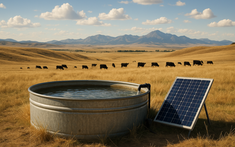 A galvanized stock tank and small solar panel on open Montana summer range with cattle grazing on grassy ridges in the distance