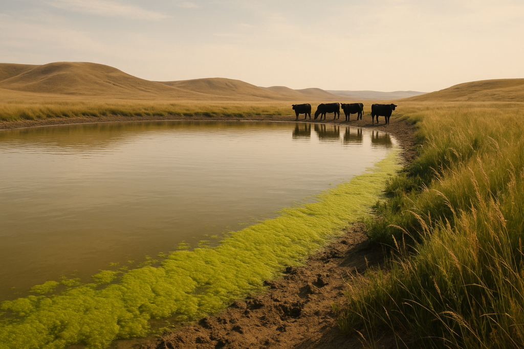A prairie stock pond with green algae scum along one bank and cattle standing at the muddy waterline under a hazy summer sky
