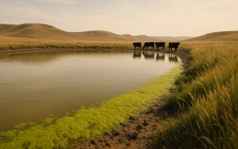 A prairie stock pond with green algae scum along one bank and cattle standing at the muddy waterline under a hazy summer sky