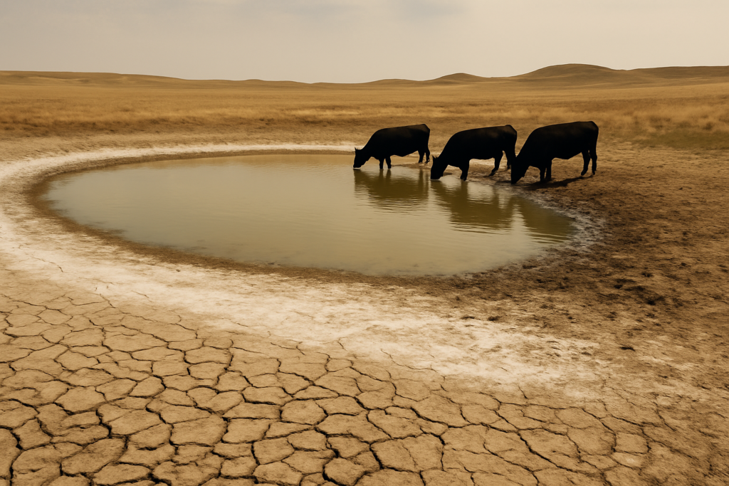 A shrinking prairie stock dam ringed with white alkali crust as cattle drink at the muddy waterline under a hot Montana sky