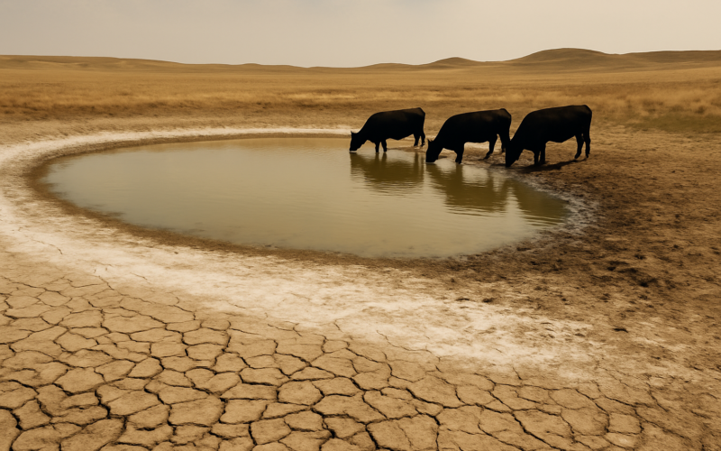 A shrinking prairie stock dam ringed with white alkali crust as cattle drink at the muddy waterline under a hot Montana sky
