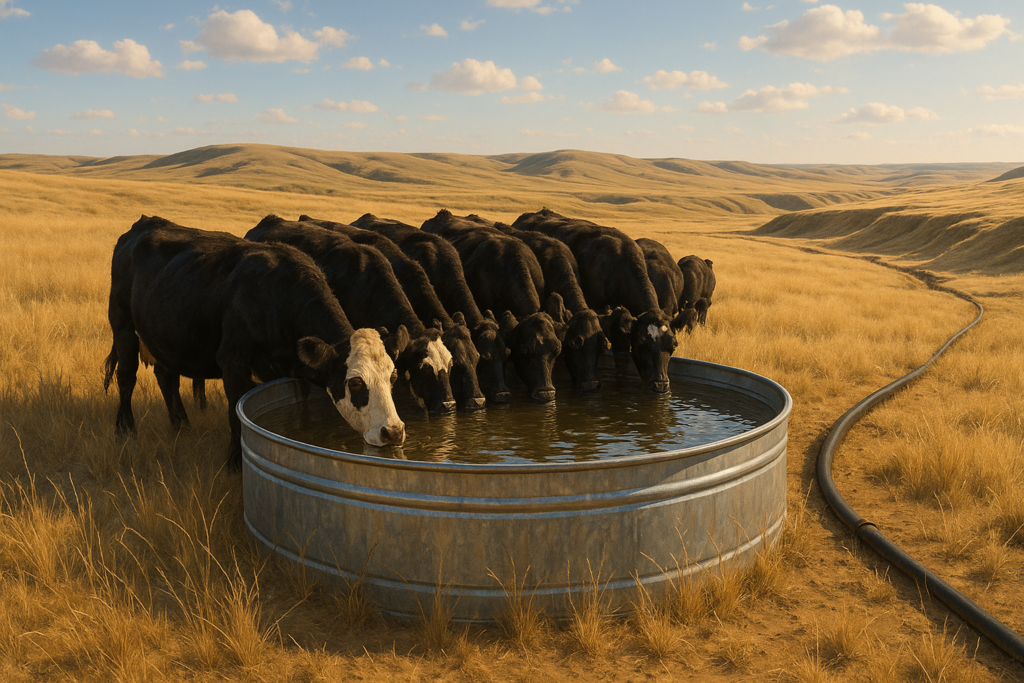Cattle drinking from a galvanized stock tank on open Montana rangeland under a summer sky