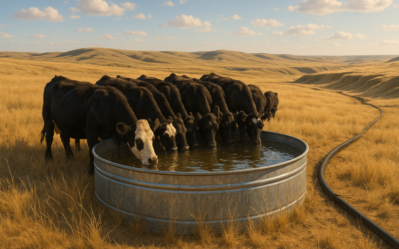 Cattle drinking from a galvanized stock tank on open Montana rangeland under a summer sky