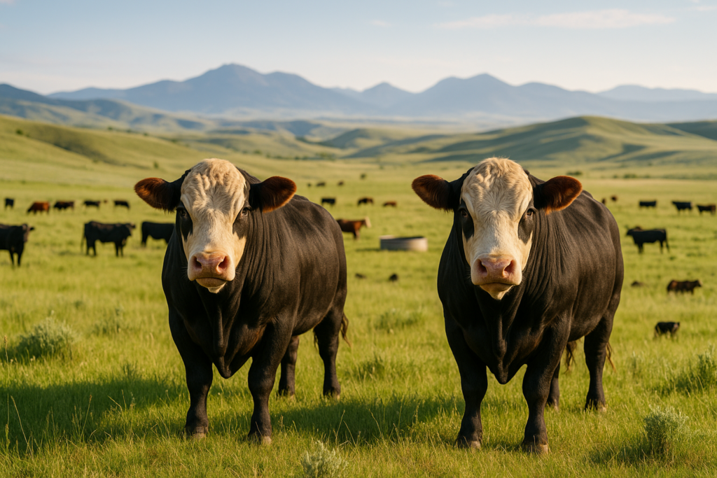 Beef bulls grazing on green Montana rangeland in early summer with foothills in the background