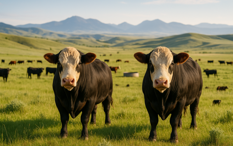 Beef bulls grazing on green Montana rangeland in early summer with foothills in the background