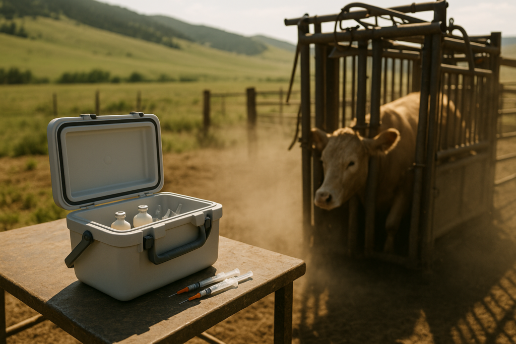A cooler holding vaccine bottles and loaded syringes on a shaded table beside a cattle chute at a Montana branding, with green foothills behind