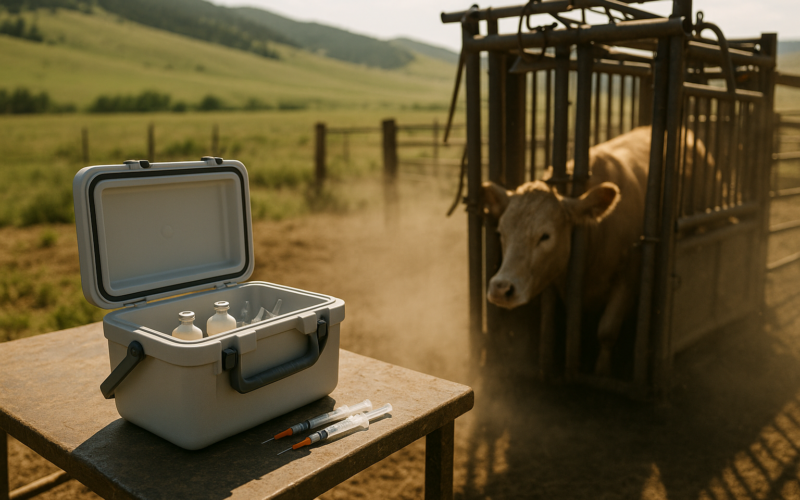 A cooler holding vaccine bottles and loaded syringes on a shaded table beside a cattle chute at a Montana branding, with green foothills behind