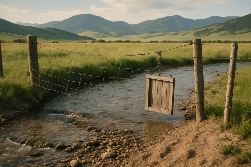 A wire water-gap fence hanging over a Montana creek after spring runoff, with gravel deposited along the bank and green foothills behind