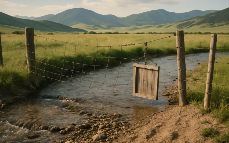 A wire water-gap fence hanging over a Montana creek after spring runoff, with gravel deposited along the bank and green foothills behind