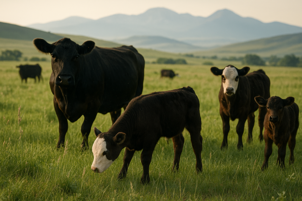 Black baldy cows and calves grazing tall early-summer grass on Montana rangeland with foothills behind in morning light