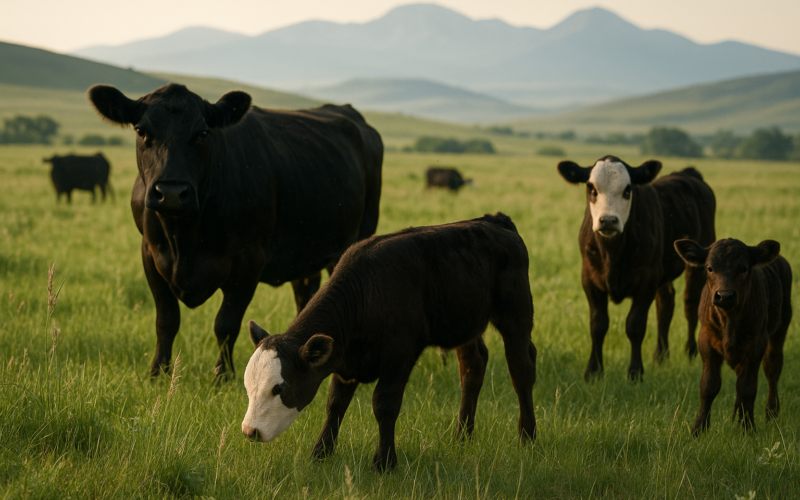 Black baldy cows and calves grazing tall early-summer grass on Montana rangeland with foothills behind in morning light