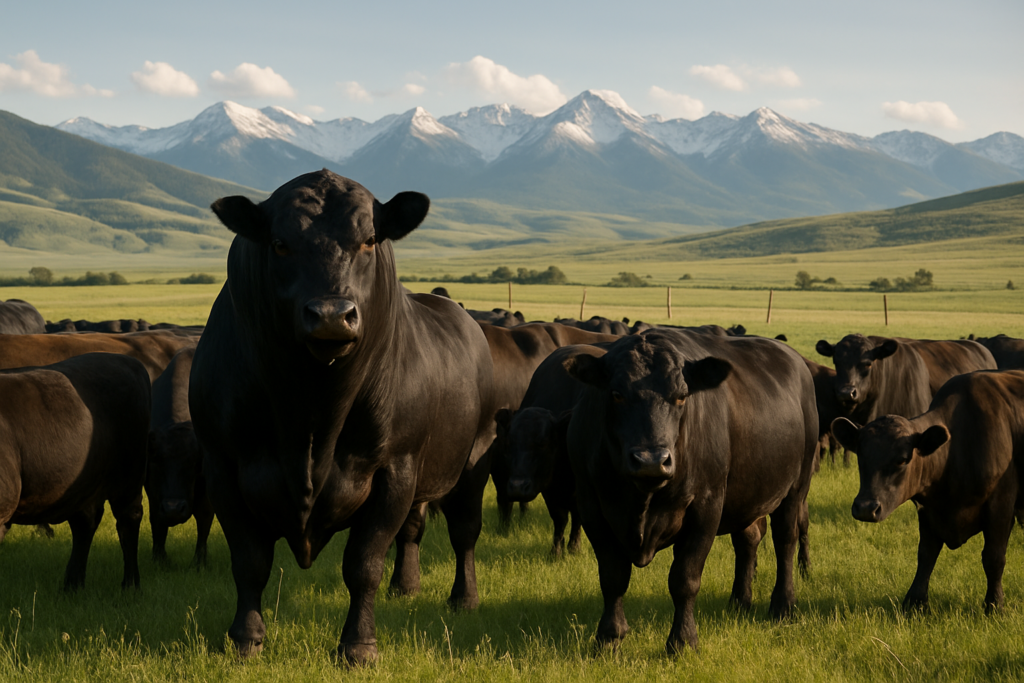Angus bulls with cows on green Montana foothill pasture in early summer with mountains in the background