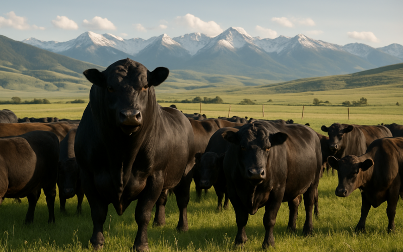 Angus bulls with cows on green Montana foothill pasture in early summer with mountains in the background