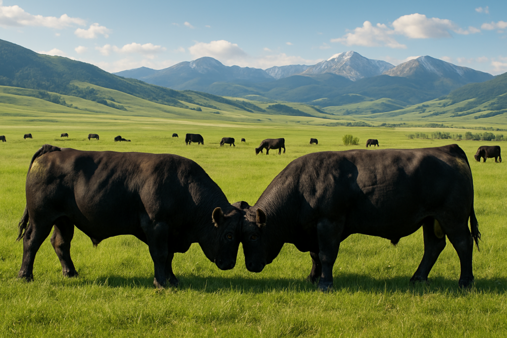 Two black bulls squaring off in a green Montana pasture with cows and foothills in the background under a June sky