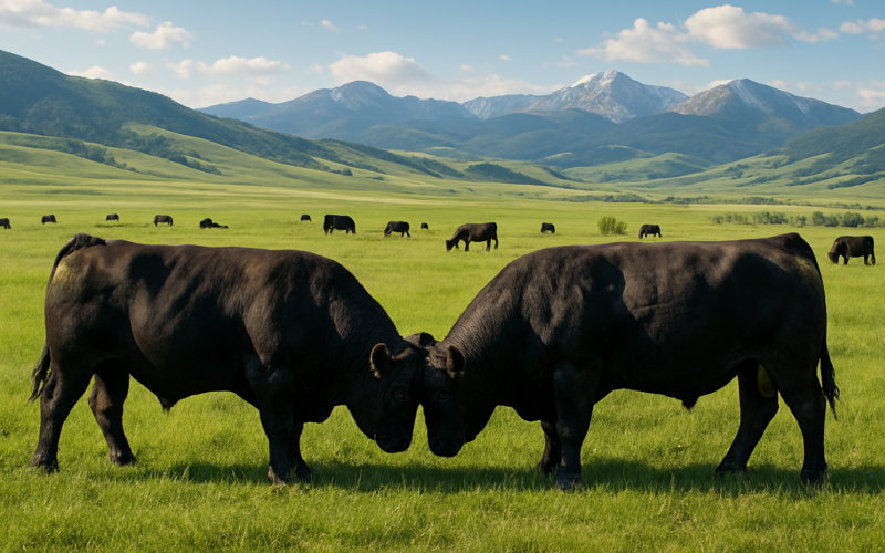 Two black bulls squaring off in a green Montana pasture with cows and foothills in the background under a June sky