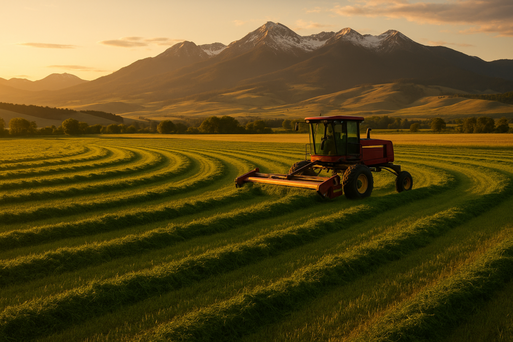 A swather cutting fresh green windrows of alfalfa in a Montana hayfield with foothills and mountains in the background at golden hour