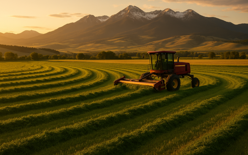 A swather cutting fresh green windrows of alfalfa in a Montana hayfield with foothills and mountains in the background at golden hour