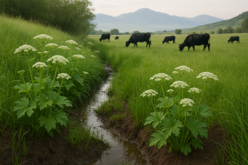 Green wet creek bottom on a Montana ranch in June with tall white-flowered plants along the ditch bank and cattle grazing nearby