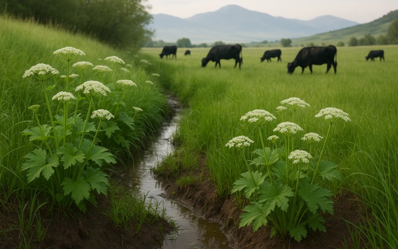 Green wet creek bottom on a Montana ranch in June with tall white-flowered plants along the ditch bank and cattle grazing nearby