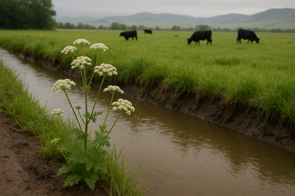 White umbrella-flowered plants growing along a muddy Montana irrigation ditch with cattle grazing in the background under morning light