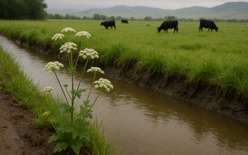 White umbrella-flowered plants growing along a muddy Montana irrigation ditch with cattle grazing in the background under morning light