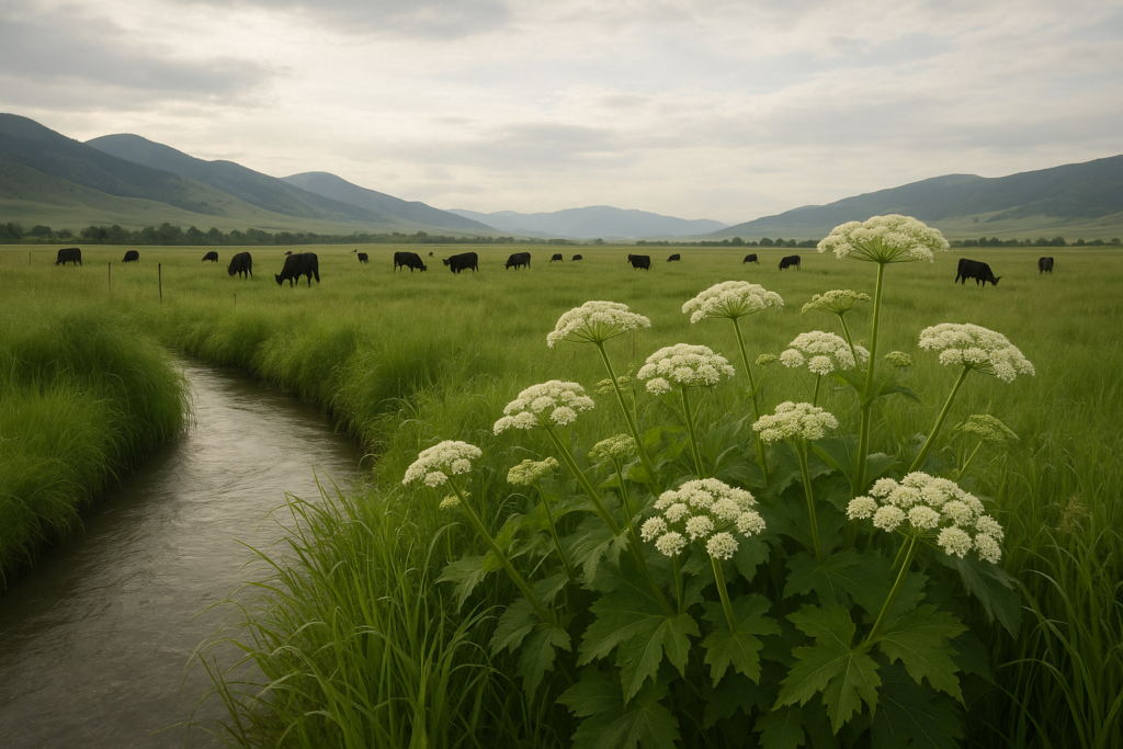 A wet Montana meadow along an irrigation ditch with white-flowering plants at the water's edge and cattle grazing beyond under a wide morning sky