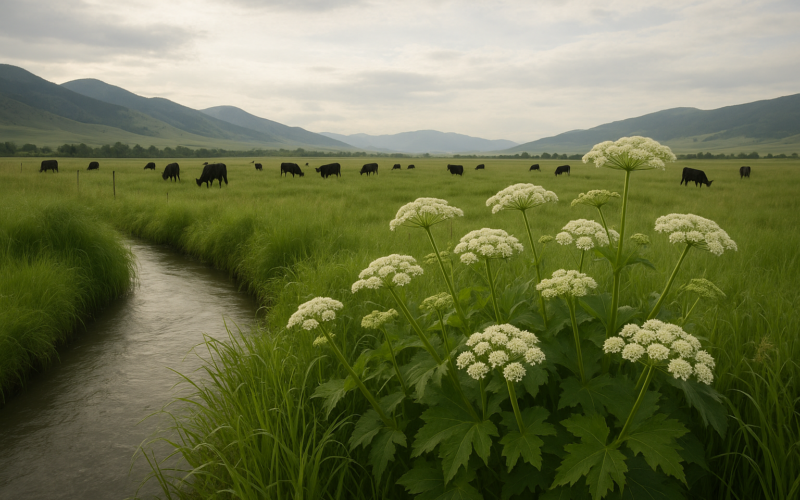 A wet Montana meadow along an irrigation ditch with white-flowering plants at the water's edge and cattle grazing beyond under a wide morning sky